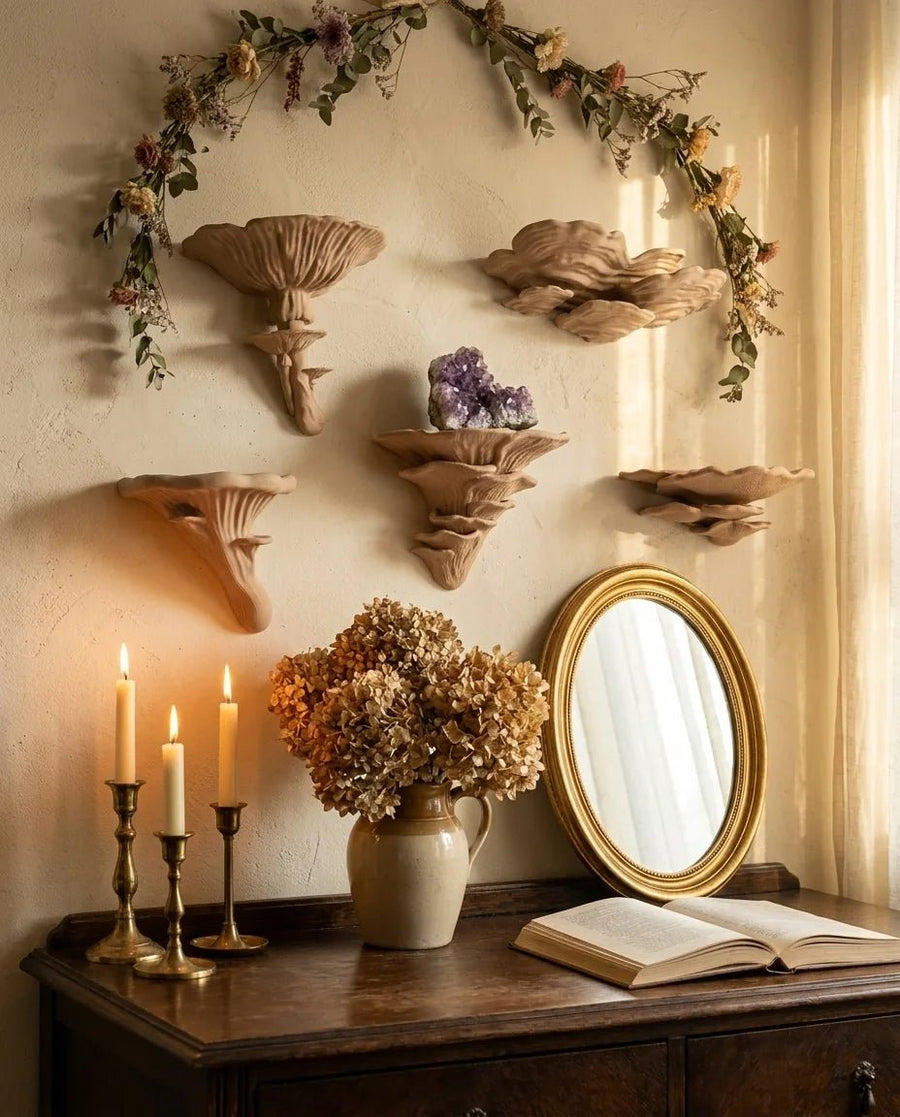 Pilzwandregal-Set 5-teilig in Beige vor cremefarbener Wand mit Trockenblumengirlande und Amethyst, darunter eine Kommode mit Hortensienstrauß, Goldspiegel und aufgeschlagenem Buch